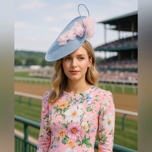 Kentucky Derby Hat Blue Derby Fascinator Hat with Pink Flowers – Race Day Ready
